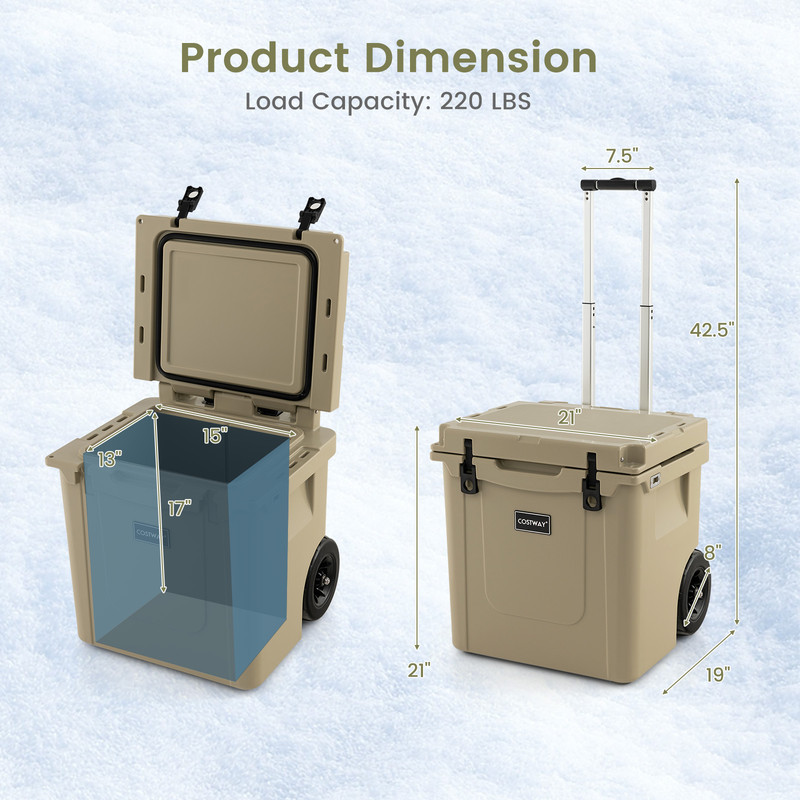 45 Quart Cooler Towable Ice Chest, Heavy-Duty Portable Cooler with Wheels & Extended Insulation