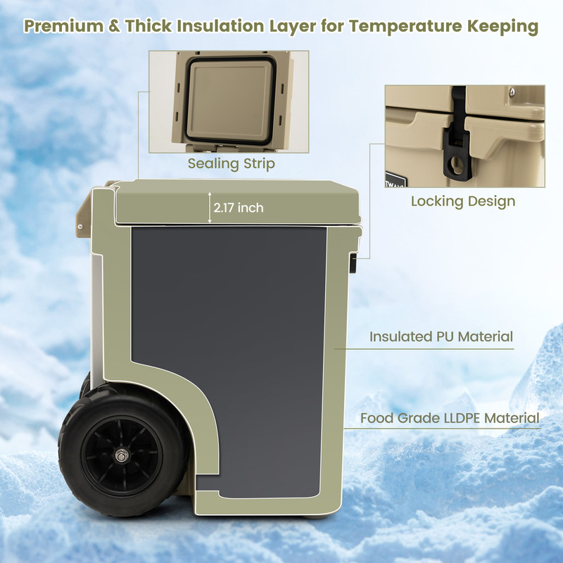45 Quart Cooler Towable Ice Chest, Heavy-Duty Portable Cooler with Wheels & Extended Insulation