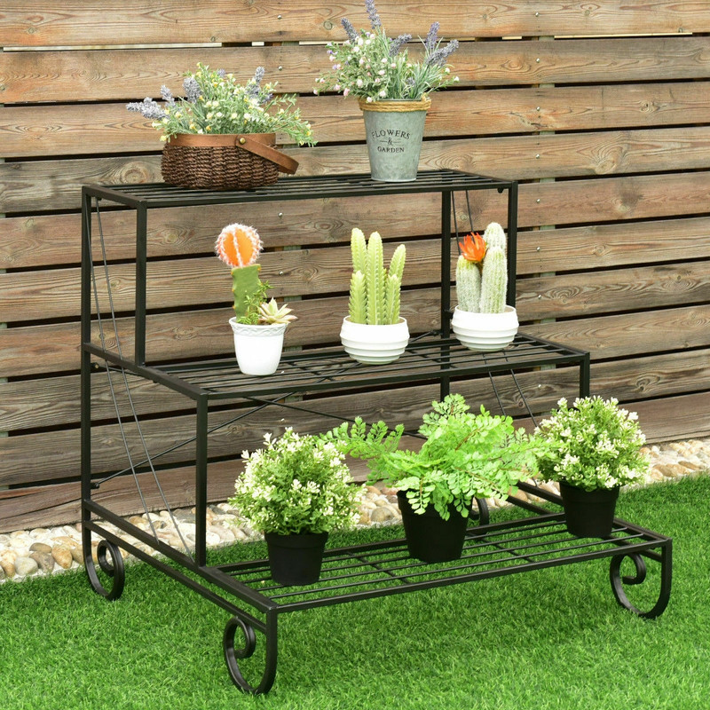 3 Tier Outdoor Metal Garden Planter Holder Shelf Durable Steel Plant Display Stand 0