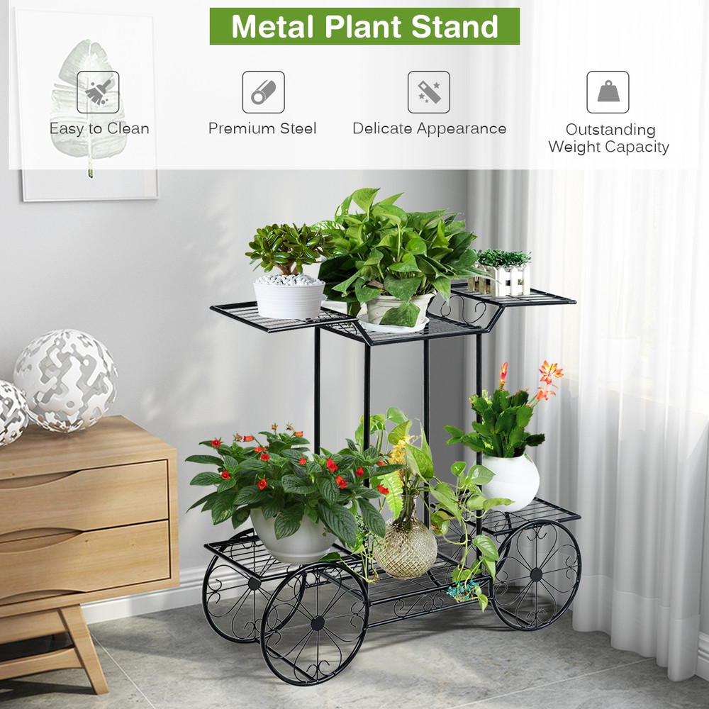 Tier Garden Cart Flower Stand, Parisian Style Metal Plant Holder for Indoor Outdoor Decor
