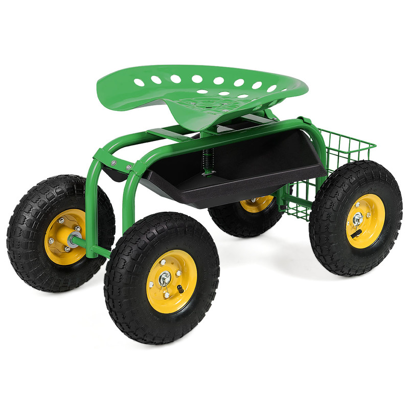 Heavy Duty Garden Cart with Tool Tray, 330lb Capacity Rolling Utility Cart with 360 Seat & Storage Basket