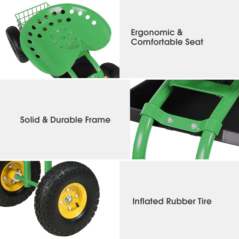 Heavy Duty Garden Cart with Tool Tray, 330lb Capacity Rolling Utility Cart with 360 Seat & Storage Basket