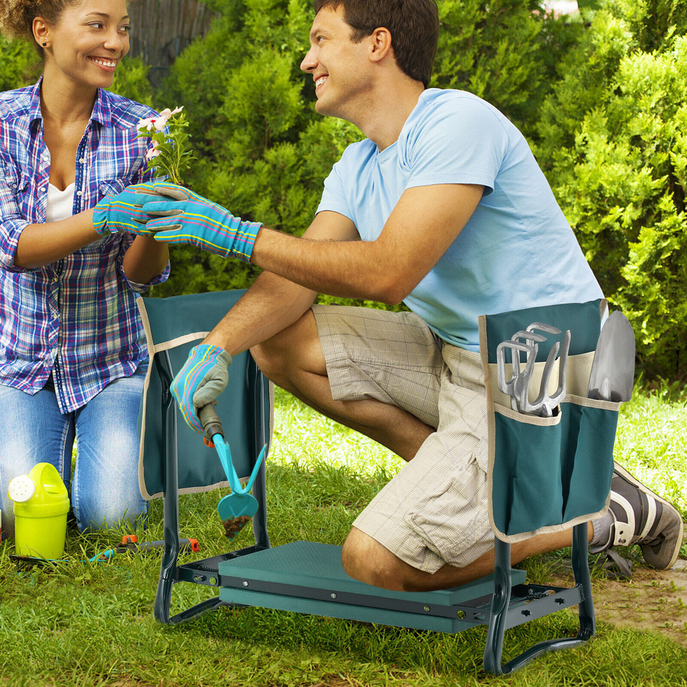 Convertible Garden Kneeler Seat, Foldable Steel Frame Bench with Storage Pockets for Gardening Comfort