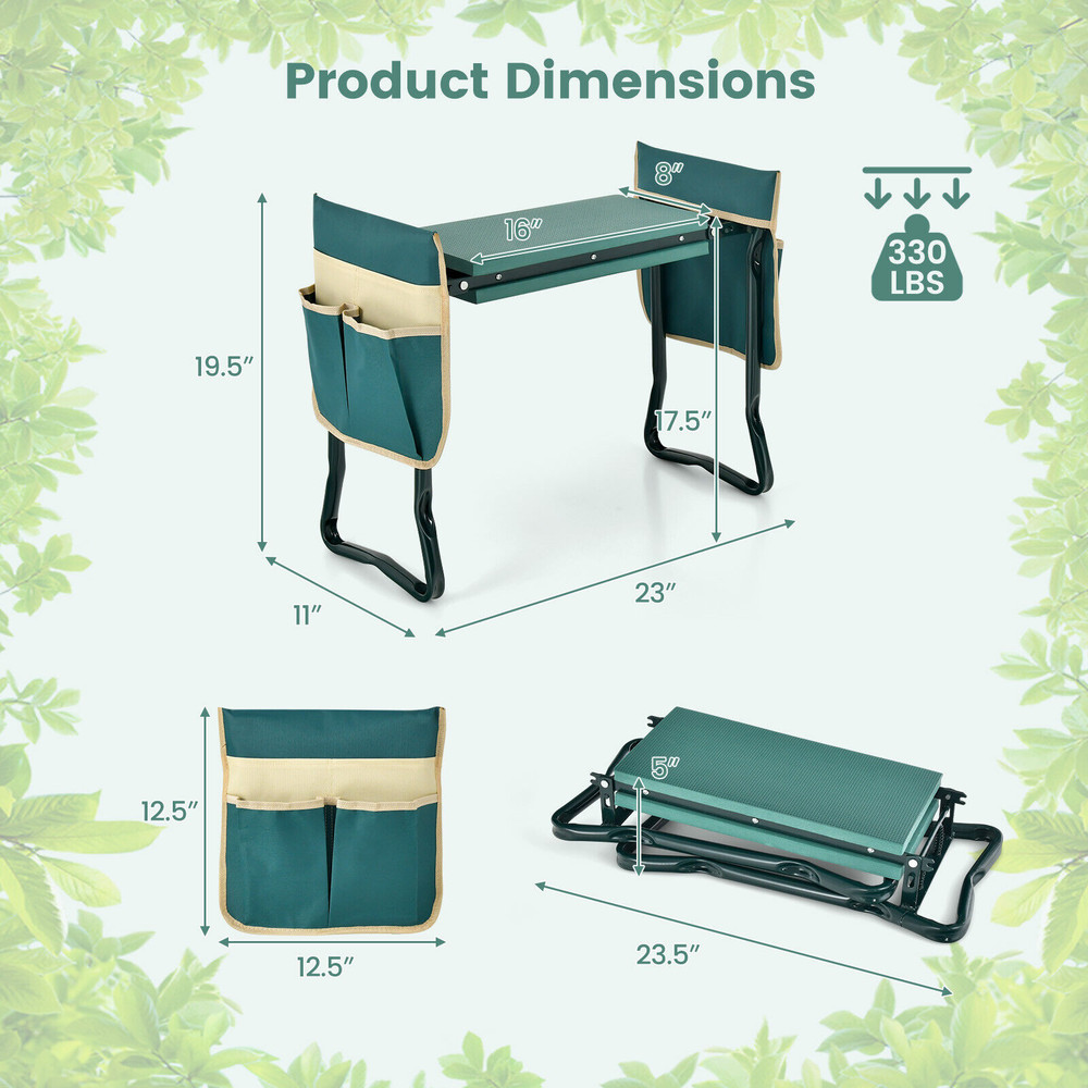 Convertible Garden Kneeler Seat, Foldable Steel Frame Bench with Storage Pockets for Gardening Comfort