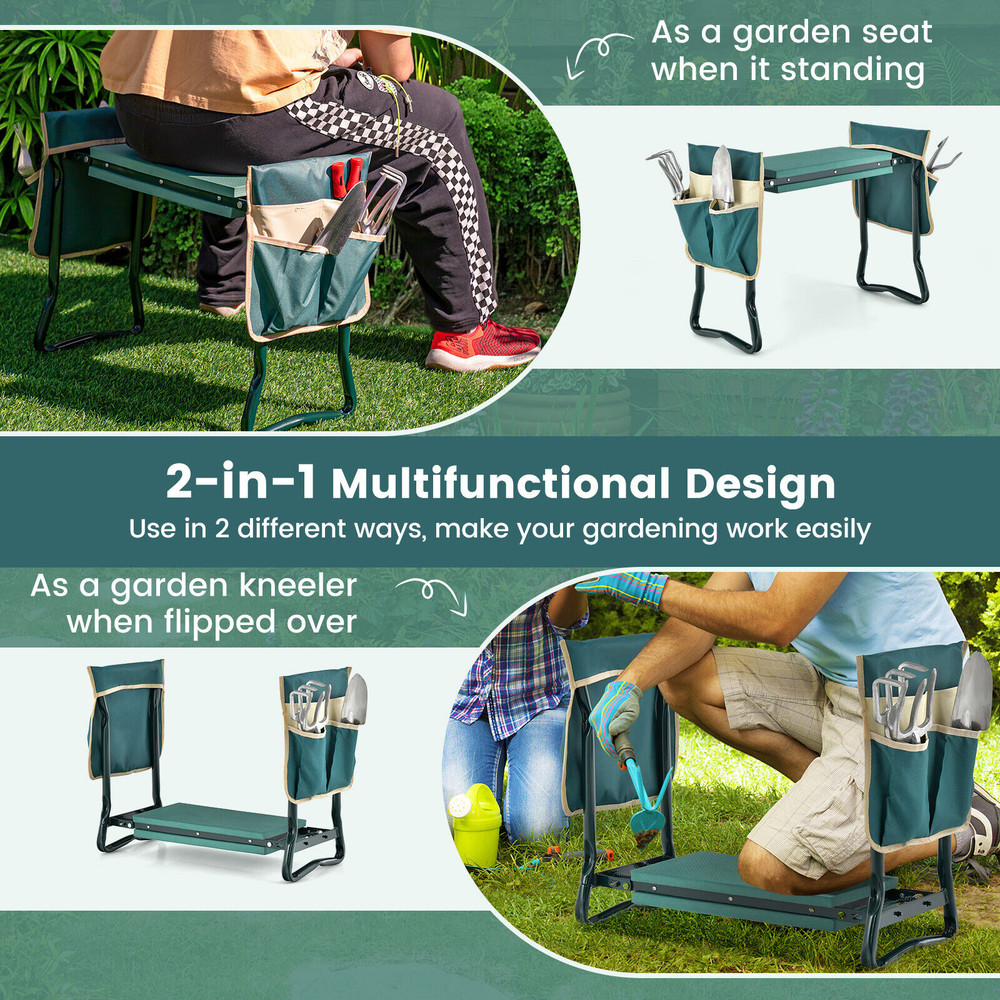 Convertible Garden Kneeler Seat, Foldable Steel Frame Bench with Storage Pockets for Gardening Comfort