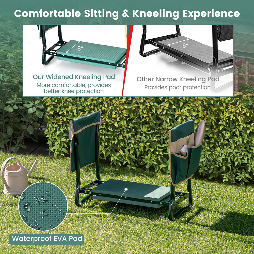 Convertible Garden Kneeler Seat, Foldable Steel Frame Bench with Storage Pockets for Gardening Comfort