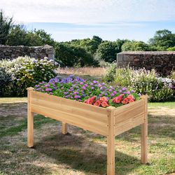 elevated wooden garden bed, natural fir raised planter box for vegetables, herbs & flowers