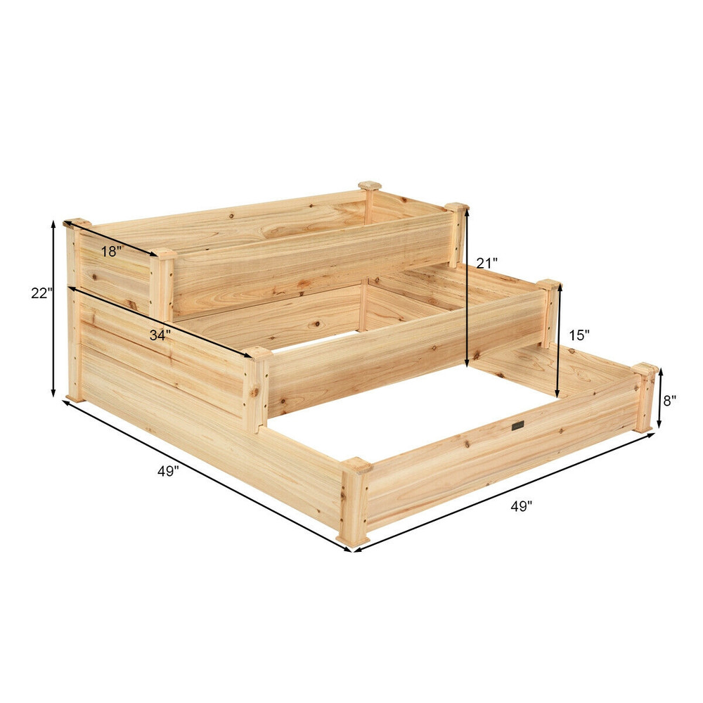 3 Tier Elevated Wooden Garden Bed – Natural Fir Planter Box for Vegetables, Herbs & Flowers