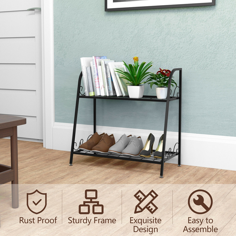 2-Tier Patio Metal Plant Stand Indoor Outdoor Flower Shelf | Heavy-Duty Steel Plant Display Rack for Garden Balcony