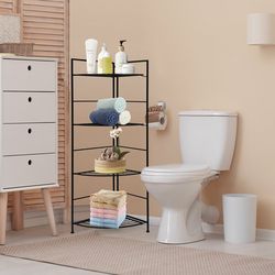 4 tier folding metal shelf plant stand, corner storage rack with open shelves for indoor outdoor display, foldable