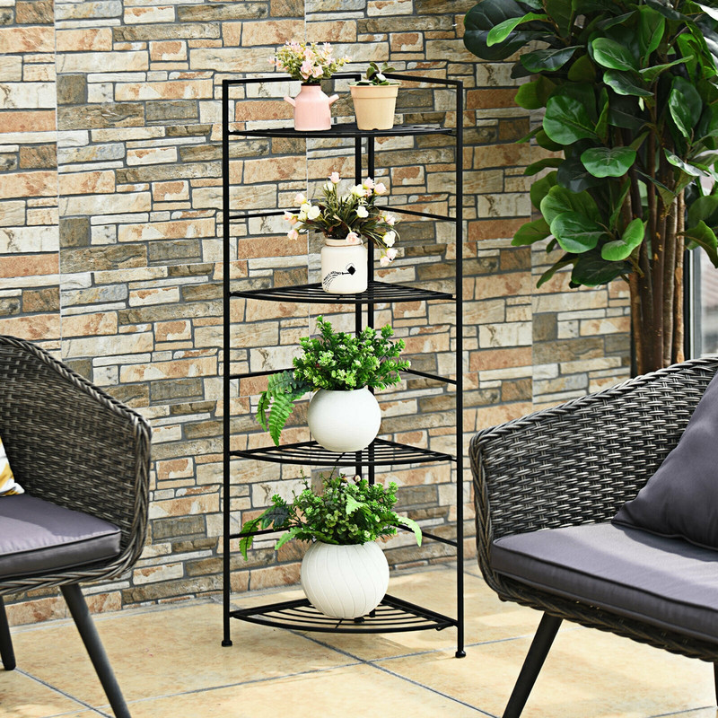 4 Tier Folding Metal Shelf Plant Stand, Corner Storage Rack with Open Shelves for Indoor Outdoor Display, Foldable