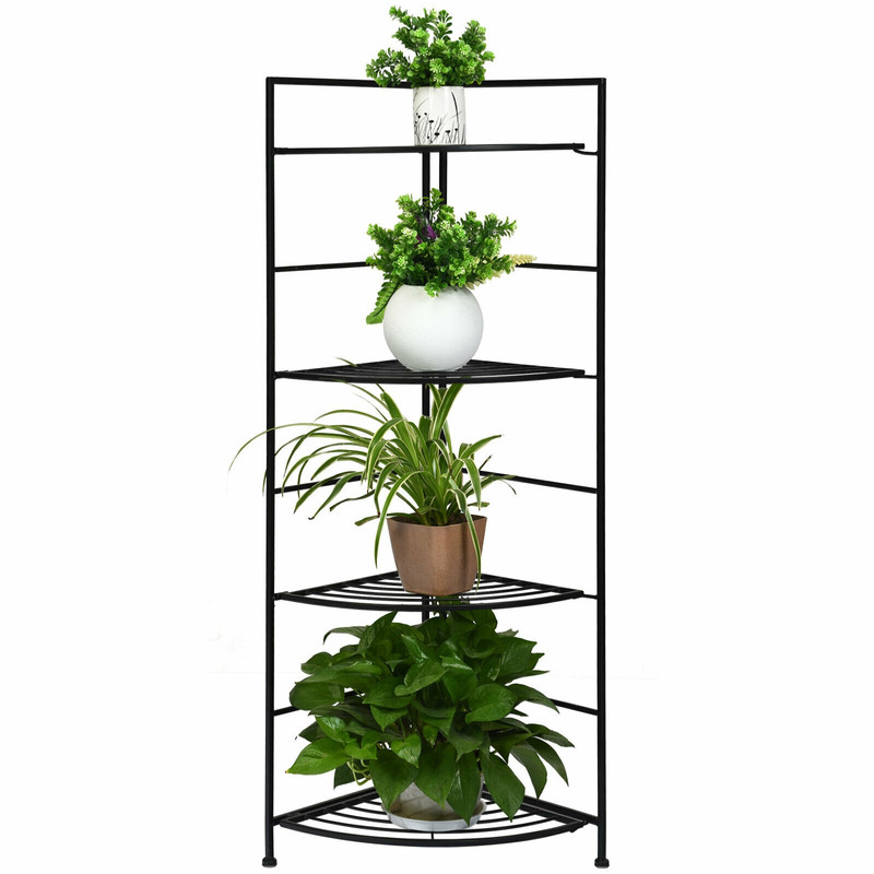 4 Tier Folding Metal Shelf Plant Stand, Corner Storage Rack with Open Shelves for Indoor Outdoor Display, Foldable