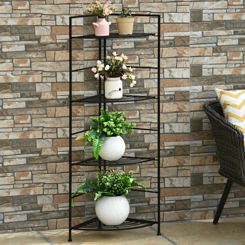 4 Tier Folding Metal Shelf Plant Stand, Corner Storage Rack with Open Shelves for Indoor Outdoor Display, Foldable