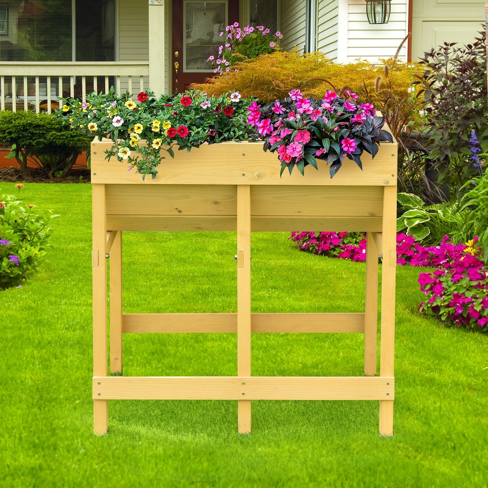 Raised Wooden Planter Vegetable Flower Bed with Liner, Elevated Garden Bed for Outdoor Herbs, Plants & Flowers
