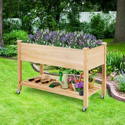 wood elevated planter bed with lockable wheels, shelf & liner, raised garden box for vegetables, flowers & herbs