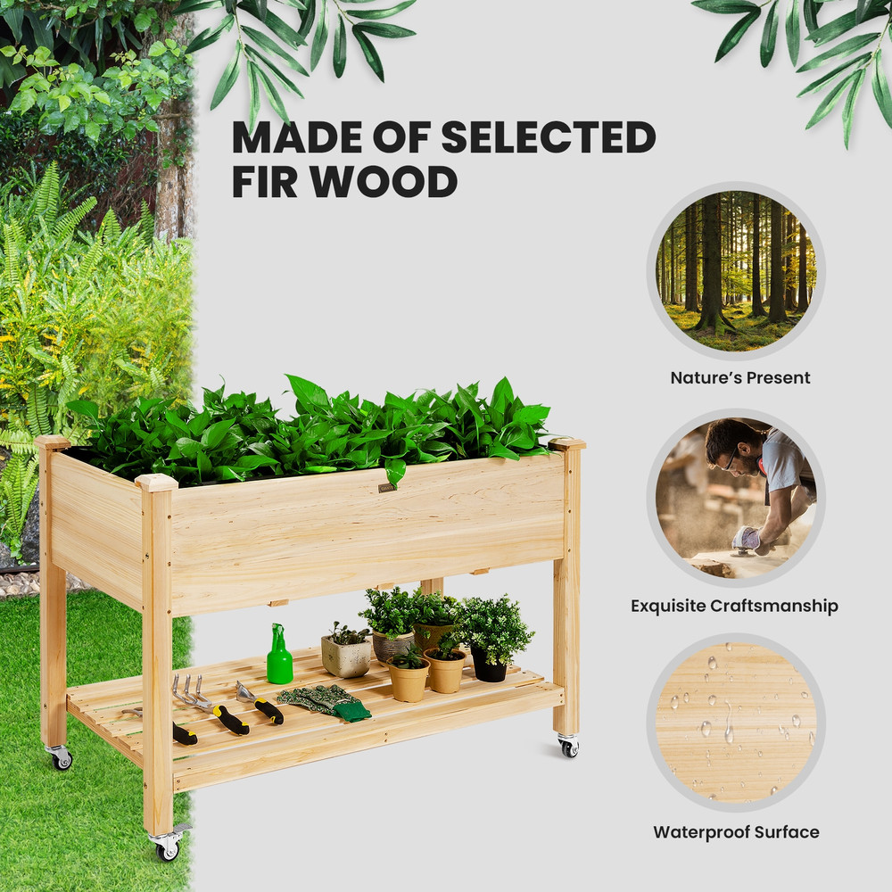 Wood Elevated Planter Bed with Lockable Wheels, Shelf & Liner, Raised Garden Box for Vegetables, Flowers & Herbs