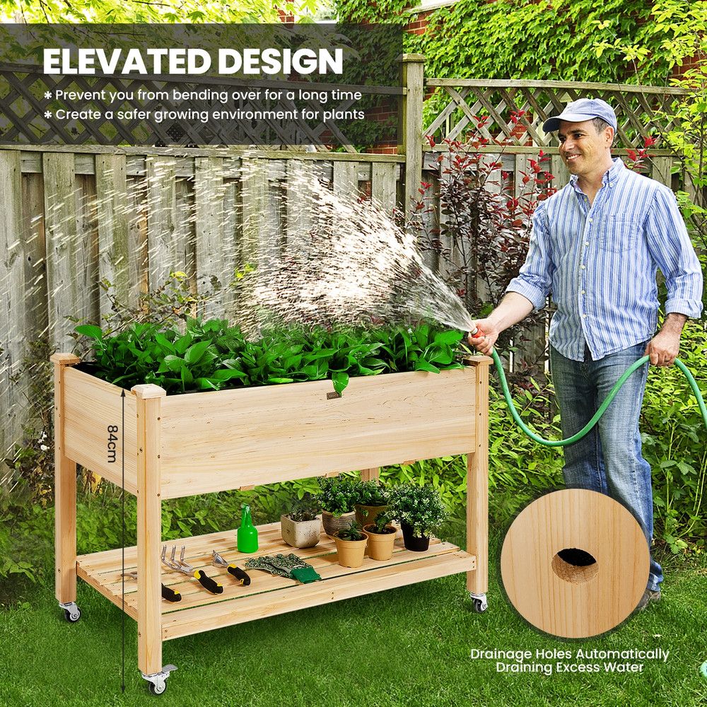 Wood Elevated Planter Bed with Lockable Wheels, Shelf & Liner, Raised Garden Box for Vegetables, Flowers & Herbs