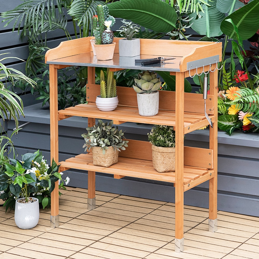 Garden Wooden Potting Bench Work Station with Hook, Sturdy & Spacious