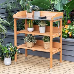 garden wooden potting bench work station with hook, sturdy & spacious