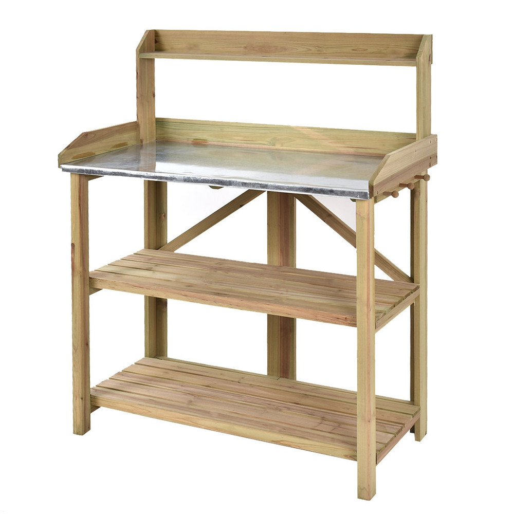 Garden Wooden Plant Bench Work Station, Sturdy Potting Table with Storage Shelves & Tool Hangers