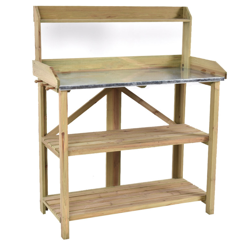 Garden Wooden Plant Bench Work Station, Sturdy Potting Table with Storage Shelves & Tool Hangers