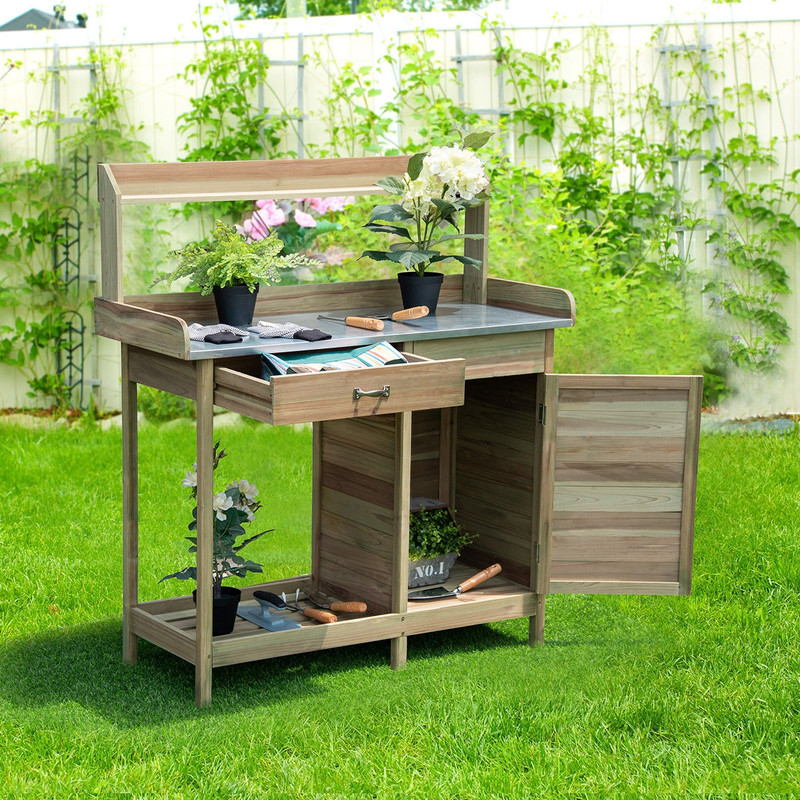 Outdoor Garden Wooden Work Station Potting Bench, Heavy-Duty Fir Wood with Waterproof Design