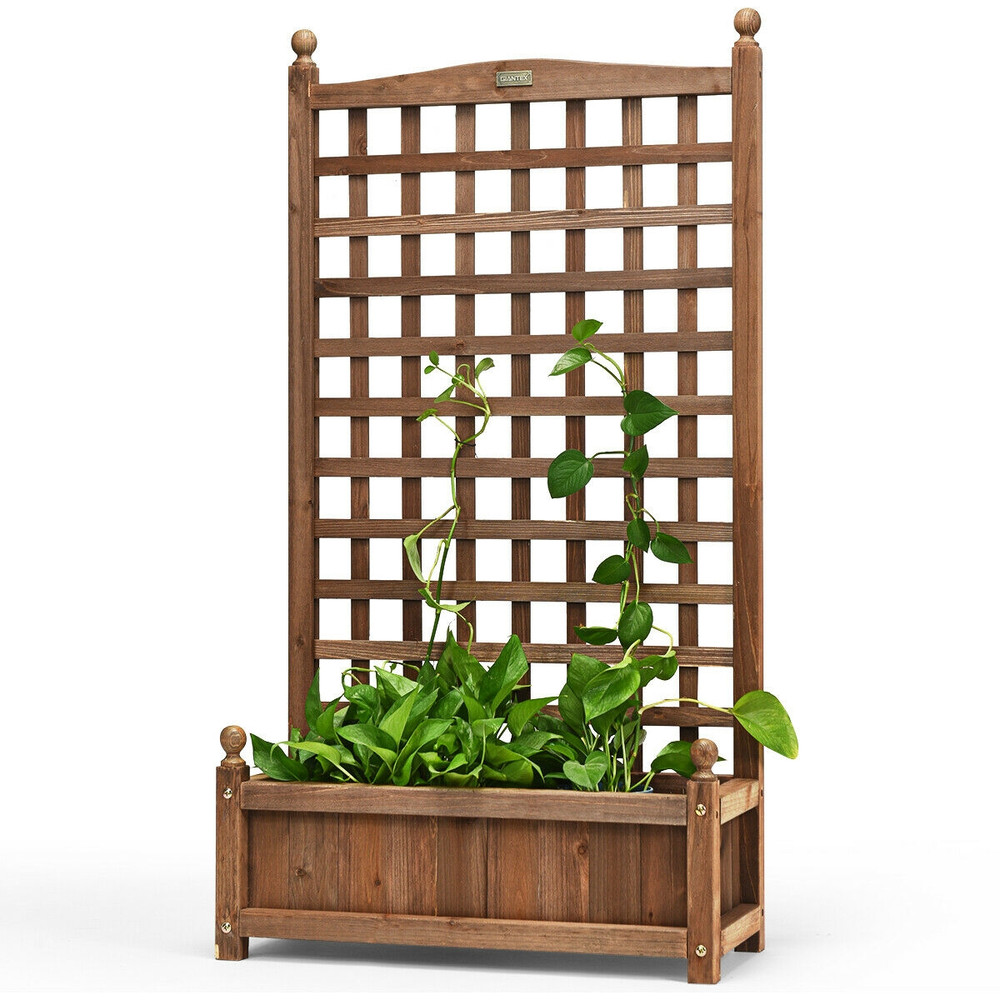Solid Free-Standing Wood Planter Box with Trellis for Garden, Outdoor Fir Wood Planter