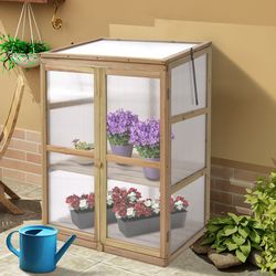 premium garden portable wooden greenhouse with double shelves & foldable top for patio, balcony & deck plant display