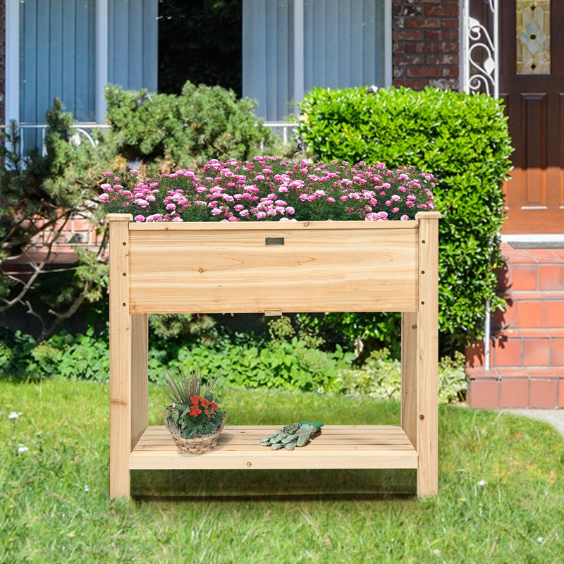 Raised Garden Elevated Wood Planter Box Stand, Ergonomic Fir Wood Raised Bed with Storage Shelf
