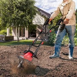 14-inch 10 amp corded electric tiller and cultivator with 9-inch tilling depth, ergonomic handle & safety shield
