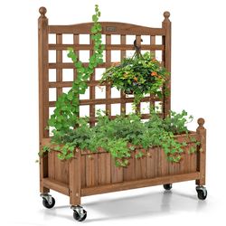 wood planter box with trellis and wheels, mobile raised garden bed for climbing plants, herbs, and vegetables