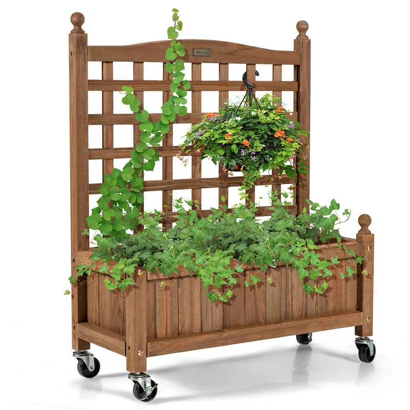 Wood Planter Box With Trellis And Wheels Mobile Raised Garden Bed For Climbing Plants Herbs And Veg 0