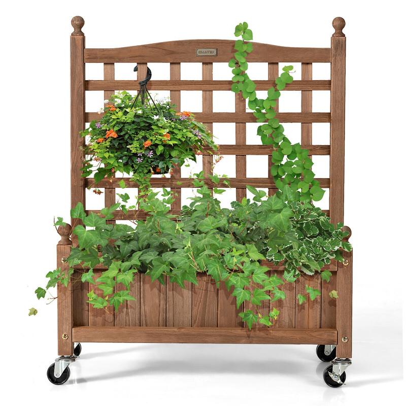 Wood Planter Box With Trellis And Wheels Mobile Raised Garden Bed For Climbing Plants Herbs And Veg 5