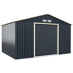 large metal garden storage shed with sliding lockable doors, outdoor tool organizer for backyard, patio, or garage