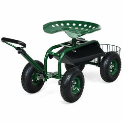 heavy duty garden cart with tool tray, swivel seat & adjustable handle for gardening, farming & landscaping