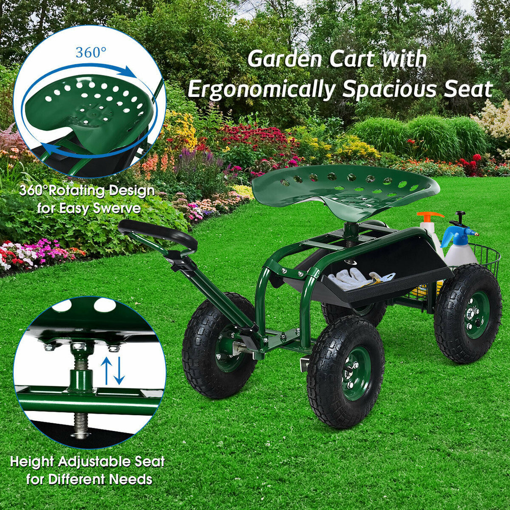 Heavy Duty Garden Cart With Tool Tray Swivel Seat Adjustable Handle For Gardening Farming Landsca 4