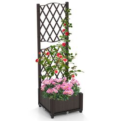 raised garden bed with trellis planter box for climbing plants, self-watering outdoor vertical planter for vegetables