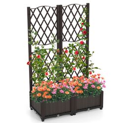 outdoor pe rattan raised garden bed with trellis, large planter box with drainage for climbing plants, herbs & balcony