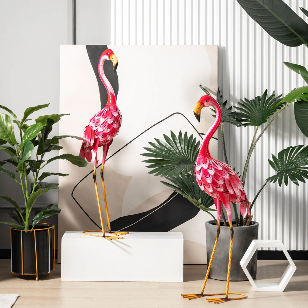 Decorative Flamingo Garden Statue Set Waterproof Metal Sculptures For Outdoor Lawn Patio And Garden 3