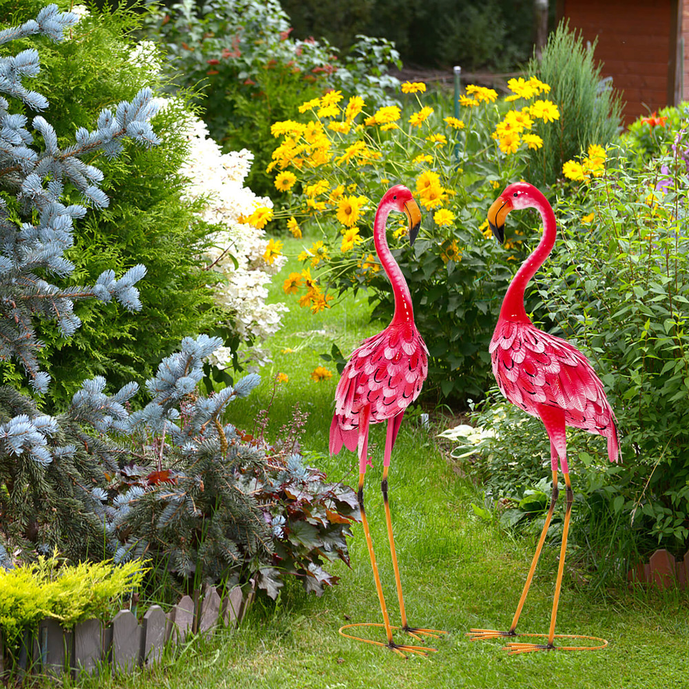 Decorative Flamingo Garden Statue Set Waterproof Metal Sculptures For Outdoor Lawn Patio And Garden 2