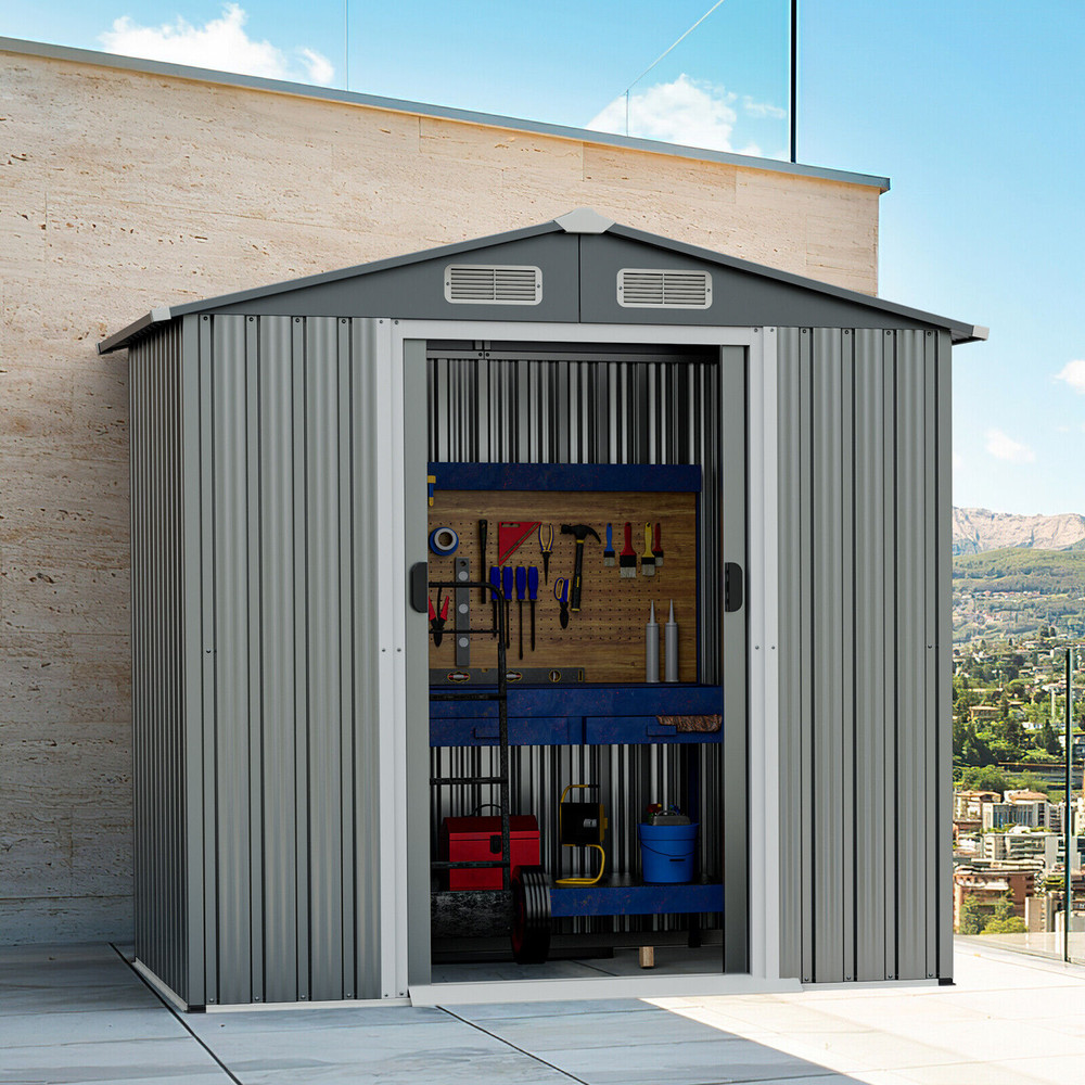 6x4 Ft Galvanized Steel Storage Shed with Lockable Sliding Doors, Heavy-Duty & Secure