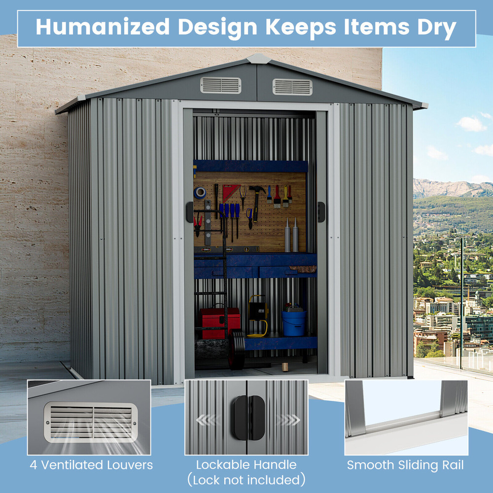 6x4 Ft Galvanized Steel Storage Shed with Lockable Sliding Doors, Heavy-Duty & Secure
