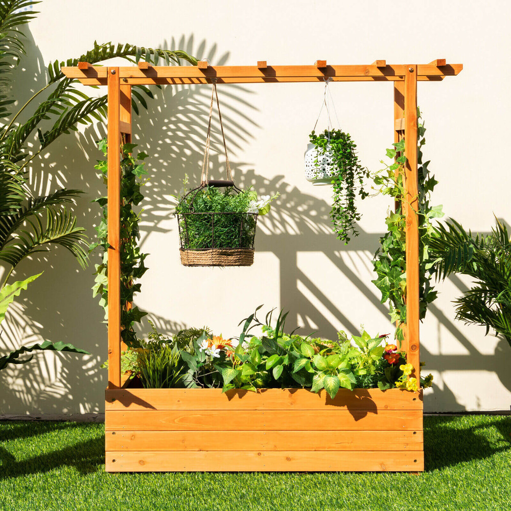 Raised Garden Bed with Trellis Natural Fir Wood Planter for Climbing Plants & Hanging Pots