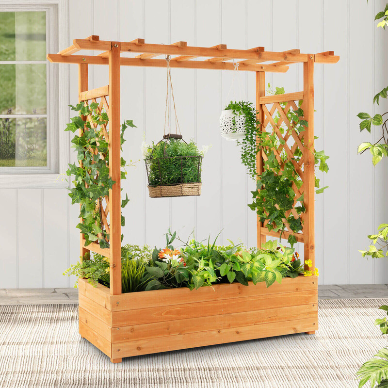 Raised Garden Bed with Trellis Natural Fir Wood Planter for Climbing Plants & Hanging Pots