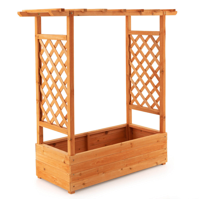 Raised Garden Bed with Trellis Natural Fir Wood Planter for Climbing Plants & Hanging Pots
