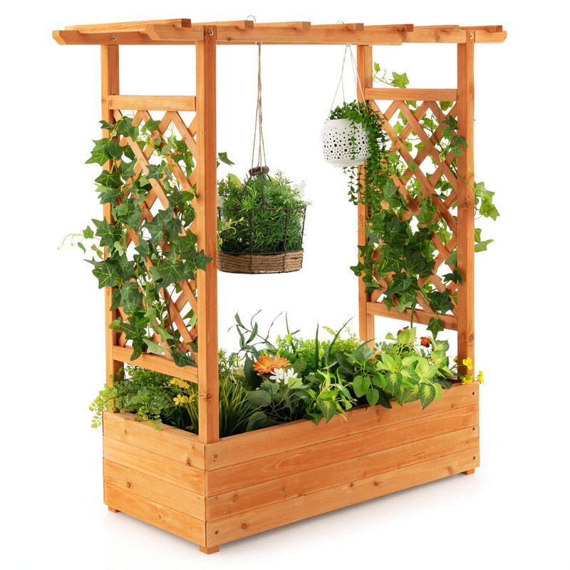 Raised Garden Bed with Trellis Natural Fir Wood Planter for Climbing Plants & Hanging Pots