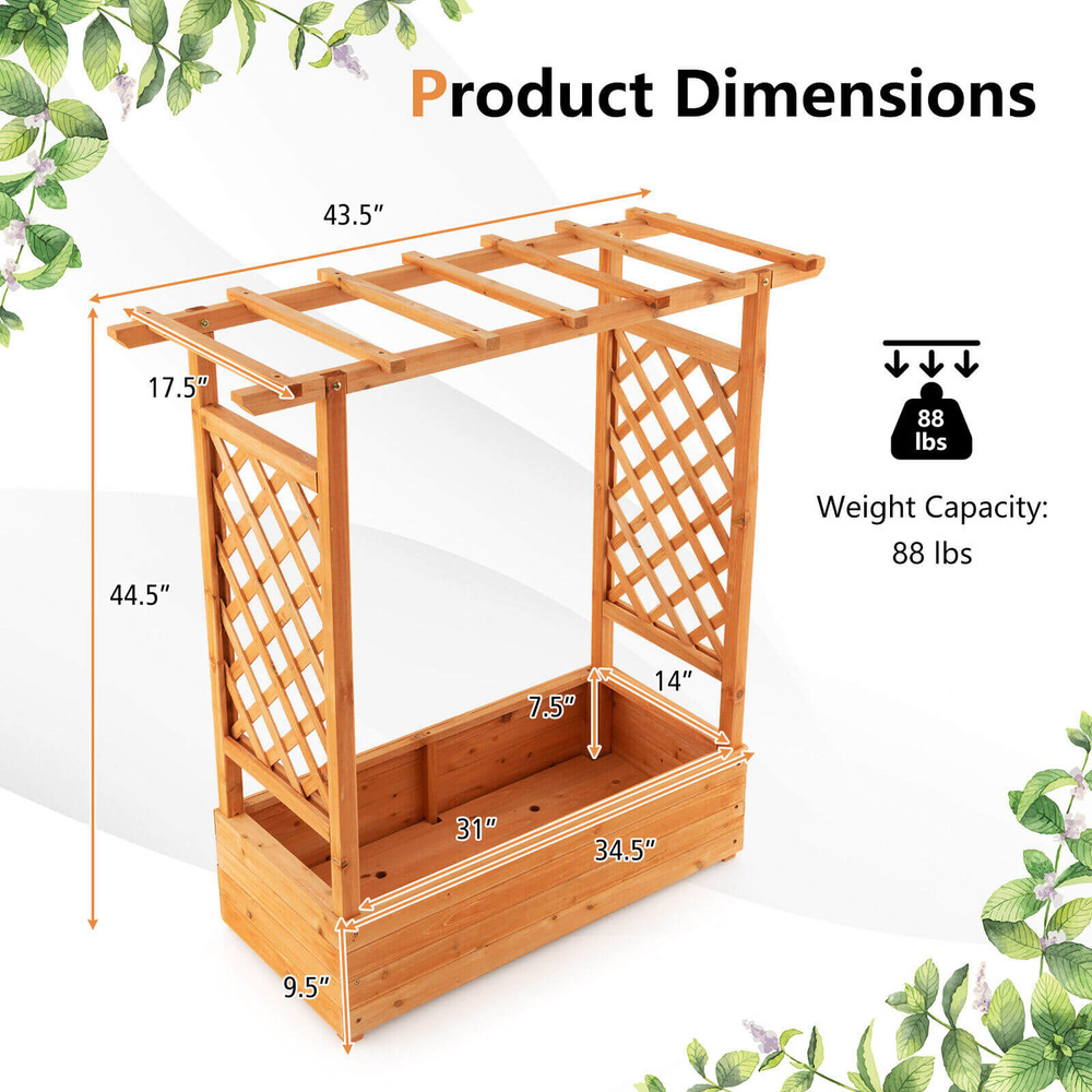 Raised Garden Bed with Trellis Natural Fir Wood Planter for Climbing Plants & Hanging Pots