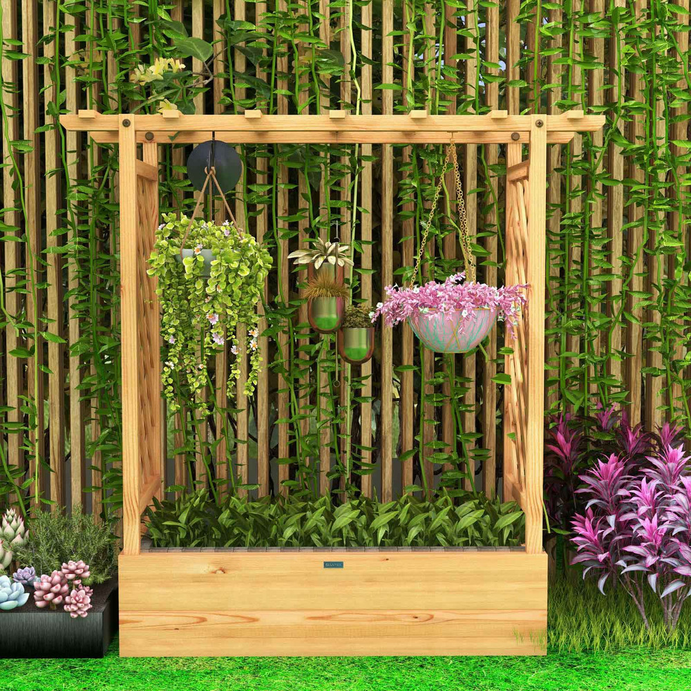Raised Garden Bed with Trellis Natural Fir Wood Planter for Climbing Plants & Hanging Pots