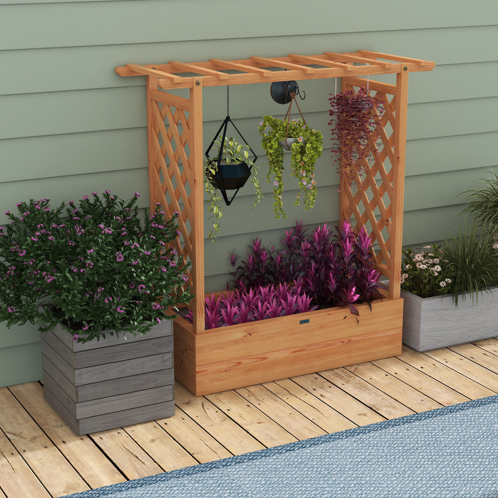 Raised Garden Bed with Trellis Natural Fir Wood Planter for Climbing Plants & Hanging Pots