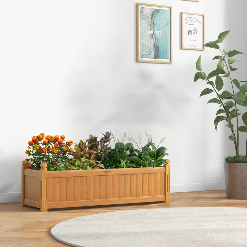 Wooden Rectangular Garden Bed with Drainage System Natural Fir Wood Planter Box